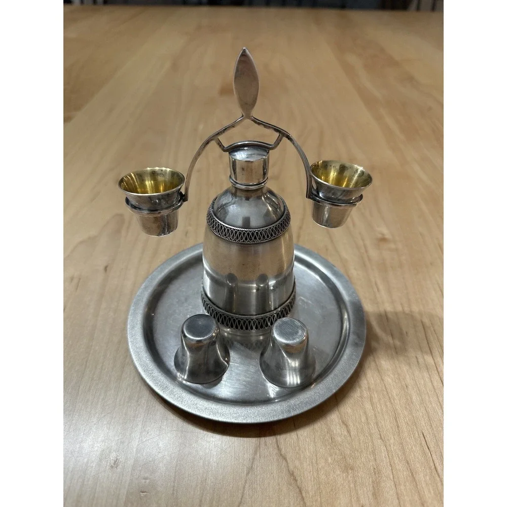 Vtg Art Deco Silverplated Filigree Set Bottle 4 Cups & Tray Shot Decanter Russia